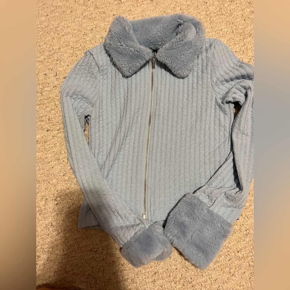 blue fuzzy zip-up top